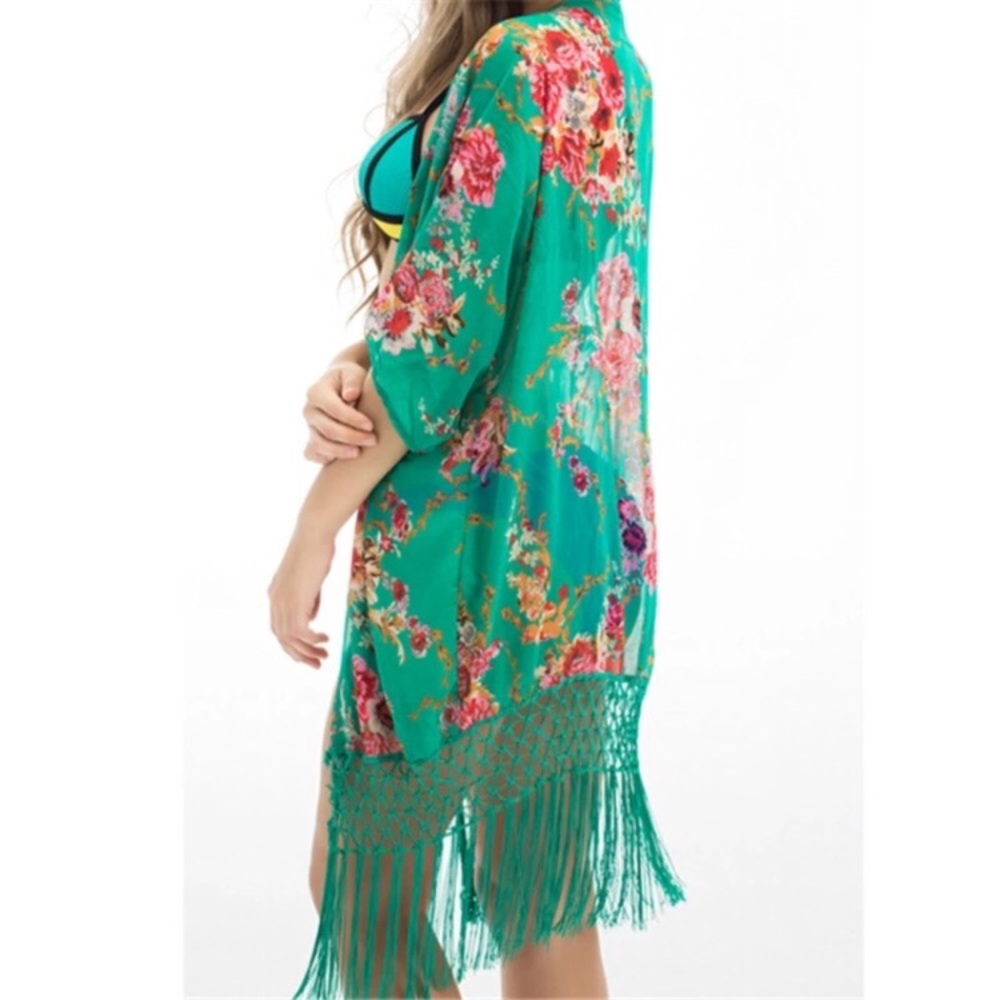 Floral Green Coverup Kimono - Picture 2 of 4